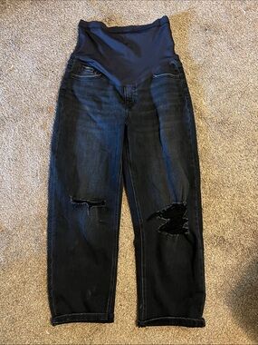 Black Distressed Open Knee Cropped Maternity Barrel Jeans by PinkBlush